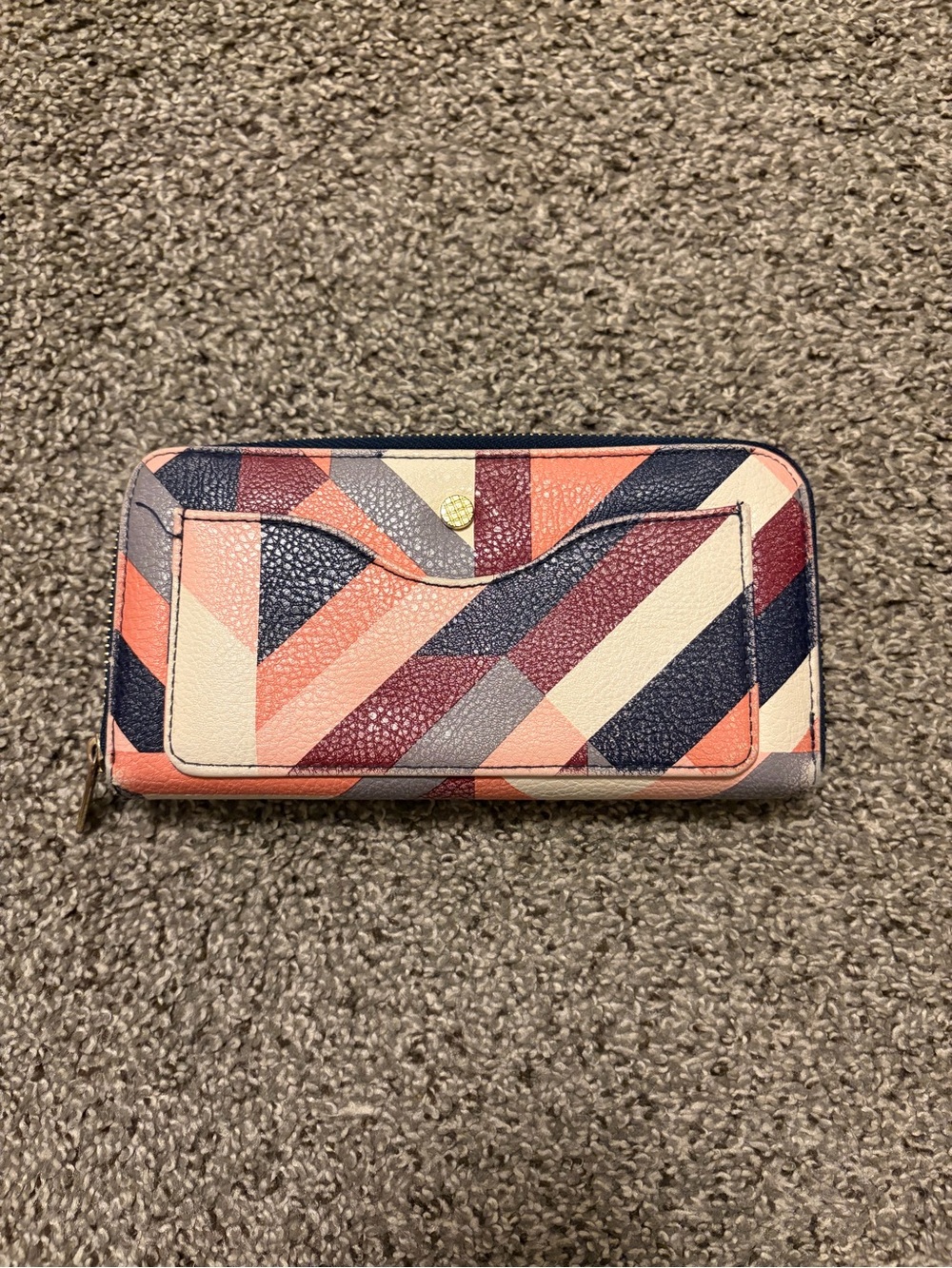 Striped Geometric Zip-Around Wallet in Coral, Navy & Cream